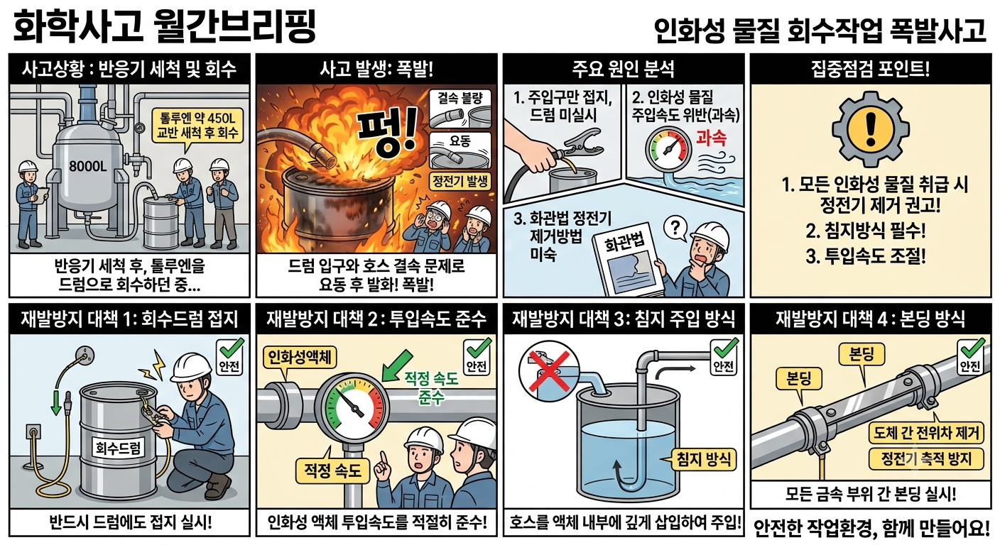 인화성 물질 회수작업 폭발사고의 원인과 재발방지 대책을 설명하는 8컷 만화